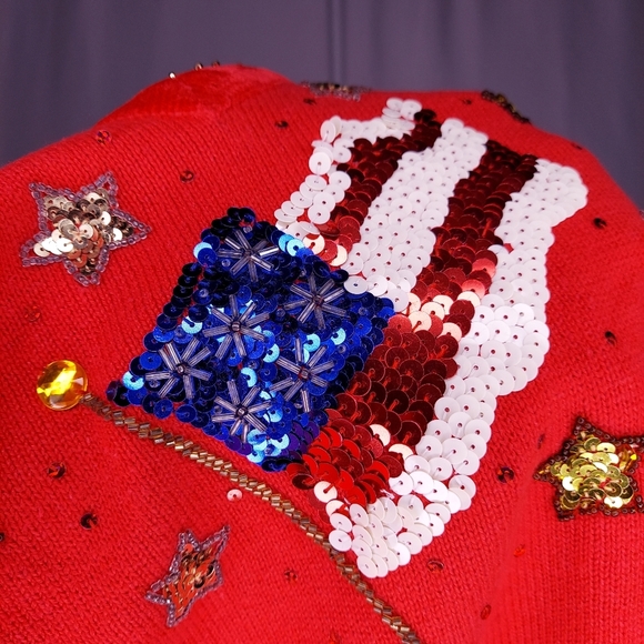 The Quacker Factory Sweater Small Red Patriotic USA Sequin Flag V-Neck Stars - Picture 4 of 11